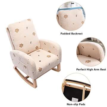 Setawix Rocking Chair for Nursery, Midcentury Modern Accent Rocker Armchair with Side Pocket, Upholstered High Back Wooden Rocking Chair for Living Room Baby Room Bedroom（Beige Bear）