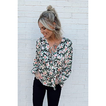 PRETTYGARDEN Women's Floral Ruffled Tunic Blouse Tie V Neck Casual Long Sleeve Babydoll Peplum Tops(Black,X-Large