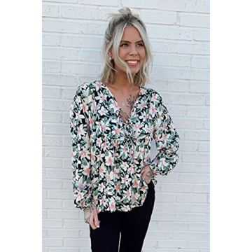 PRETTYGARDEN Women's Floral Ruffled Tunic Blouse Tie V Neck Casual Long Sleeve Babydoll Peplum Tops(Black,X-Large