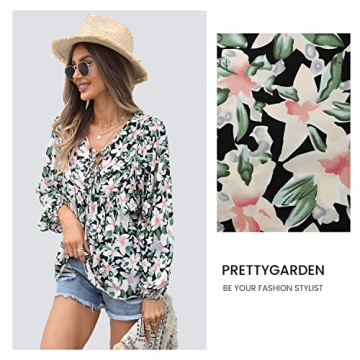 PRETTYGARDEN Women's Floral Ruffled Tunic Blouse Tie V Neck Casual Long Sleeve Babydoll Peplum Tops(Black,X-Large