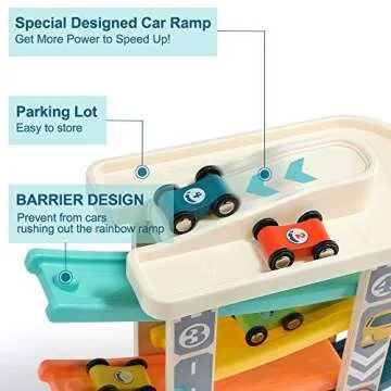 TOP Bright Toddler Wooden Race Track Car Ramp Toys for 1 2 Year Old Baby Motor Skills Race Tracks Car Ramp Vehicle Playsets with 4 Mini Cars and 1 Car Garage