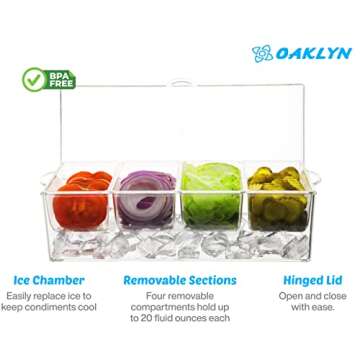 Oaklyn Large Clear Condiment Server Organizer on Ice with Containers and Lid – BPA-Free Serving Bar Compartments and Plastic Box Tray – Chilled Caddy Dispenser Set - Holds 80 oz Total