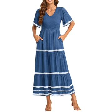 PRETTYGARDEN Women's Casual Summer Maxi Dress - V Neck Smocked Flowing Elegant Maxi Dress for Any Oc...