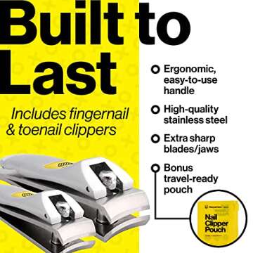 Nail Clippers Set - Ultra Sharp, Sturdy, Stainless Steel Fingernail & Toenail Clipper Cutters with Nail File - Silver