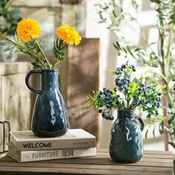 Blue Glazed Ceramic Vase Set - Modern Farmhouse Decor