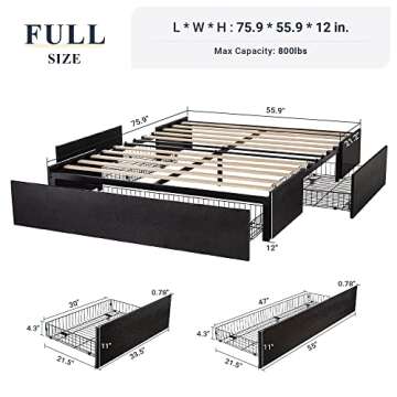 Allewie Full Size Platform Bed Frame with 3 Storage Drawers, Faux Leather Upholstered, Wooden Slats ...