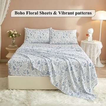 HighBuy 3 Piece Bed Sheets Set Twin XL Sheets White - Extra Soft Blue Floral Twin XL Sheets Deep Poc...