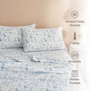 HighBuy 3 Piece Bed Sheets Set Twin XL Sheets White - Extra Soft Blue Floral Twin XL Sheets Deep Pocket 16" - Luxury Soft Twin XL Sheet & Pillowcase Set - Twin XL Size Bed Cooling Sheets