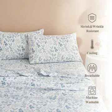 HighBuy 3 Piece Bed Sheets Set Twin XL Sheets White - Extra Soft Blue Floral Twin XL Sheets Deep Pocket 16" - Luxury Soft Twin XL Sheet & Pillowcase Set - Twin XL Size Bed Cooling Sheets