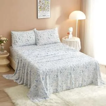 HighBuy 3 Piece Bed Sheets Set Twin XL Sheets White - Extra Soft Blue Floral Twin XL Sheets Deep Pocket 16" - Luxury Soft Twin XL Sheet & Pillowcase Set - Twin XL Size Bed Cooling Sheets