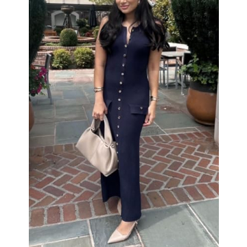 Women's Navy Blue Knit Maxi Dress Sleeveless Bodycon
