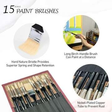 Falling in Art Natural Bristle Professional Paintbrush Set, 15PCS Long Handled Paint Brushes for Acrylic Painting, Oil Paint Brushes of Fan, Round, Flat, Angled, and, Filbert with Bamboo Storage Pouch