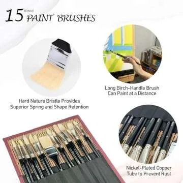 Falling in Art Natural Bristle Professional Paintbrush Set, 15PCS Long Handled Paint Brushes for Acrylic Painting, Oil Paint Brushes of Fan, Round, Flat, Angled, and, Filbert with Bamboo Storage Pouch