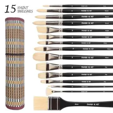 Falling in Art Natural Bristle Professional Paintbrush Set, 15PCS Long Handled Paint Brushes for Acrylic Painting, Oil Paint Brushes of Fan, Round, Flat, Angled, and, Filbert with Bamboo Storage Pouch