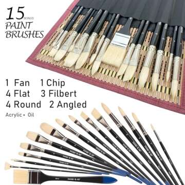 Falling in Art Natural Bristle Professional Paintbrush Set, 15PCS Long Handled Paint Brushes for Acrylic Painting, Oil Paint Brushes of Fan, Round, Flat, Angled, and, Filbert with Bamboo Storage Pouch