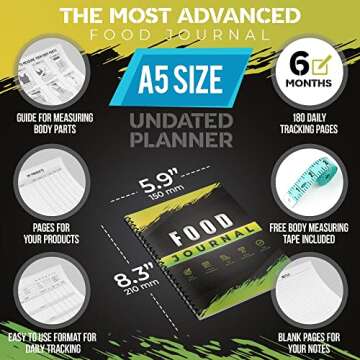 Advanced Food Journal for Women & Men - Perfect Food Diary for Tracking Your Daily Nutrition & Weight Loss - Body Measuring Tape Included w/Planner - Diet Journal for Weightloss & Meal Tracking