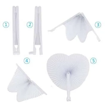 Cusfull 48 Pack White Folding Paper Fans Handheld Paper Fans for Wedding/Party/Party Favours (Heart Shape)