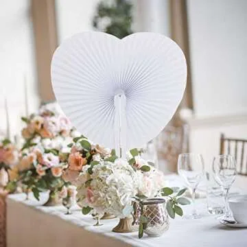 Cusfull 48 Pack White Folding Paper Fans Handheld Paper Fans for Wedding/Party/Party Favours (Heart Shape)