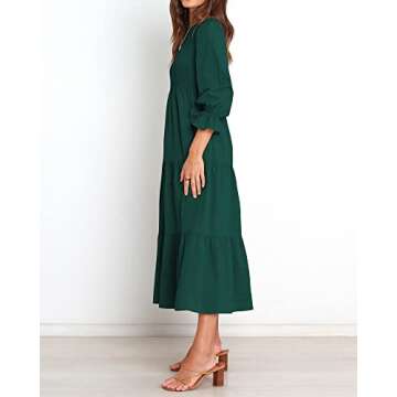 BTFBM Women Casual Long Sleeve Crew Neck Fall Dress Bohemian Relaxed Fit Floral Flowy Maxi Dresses Tiered Cocktail Dress(Solid Dark Green,Small)