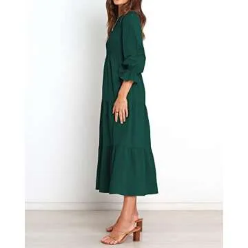 BTFBM Women Casual Long Sleeve Crew Neck Fall Dress Bohemian Relaxed Fit Floral Flowy Maxi Dresses Tiered Cocktail Dress(Solid Dark Green,Small)