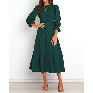 BTFBM Women Casual Long Sleeve Crew Neck Fall Dress Bohemian Relaxed Fit Floral Flowy Maxi Dresses Tiered Cocktail Dress(Solid Dark Green,Small)