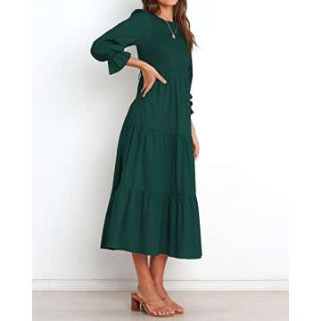 BTFBM Women Casual Long Sleeve Crew Neck Fall Dress Bohemian Relaxed Fit Floral Flowy Maxi Dresses Tiered Cocktail Dress(Solid Dark Green,Small)