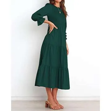 BTFBM Women Casual Long Sleeve Crew Neck Fall Dress Bohemian Relaxed Fit Floral Flowy Maxi Dresses Tiered Cocktail Dress(Solid Dark Green,Small)