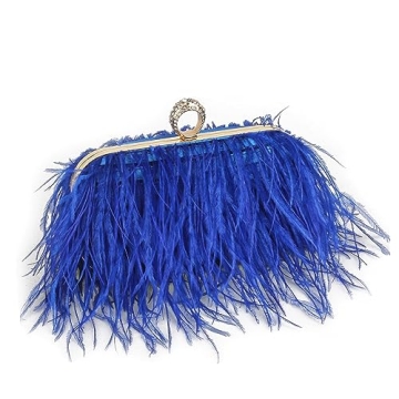 Women Real Natural Ostrich Feather Evening Bags Purses Clutch Vintage Banquet Handbag (blue)