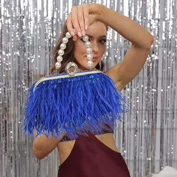 Women Real Natural Ostrich Feather Evening Bags Purses Clutch Vintage Banquet Handbag (blue)