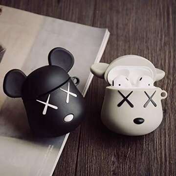 BlossomingLove Compatible with AirPods Case Keychain Full Protective Premium PVC Soft Rubber Cover Fashion Dope Bear Style Skin for AirPods Charging Case (Apricot Beige)