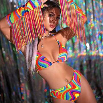 Women's Rave Festival Outfits 3 Piece Halter Bikini Swimsuit Bra Panty Wrap Skirt Retro Vintage Dance Wear Clubwear Holiday Swimwear Red-Floral Small