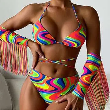 Women's Rave Festival Outfits 3 Piece Halter Bikini Swimsuit Bra Panty Wrap Skirt Retro Vintage Dance Wear Clubwear Holiday Swimwear Red-Floral Small