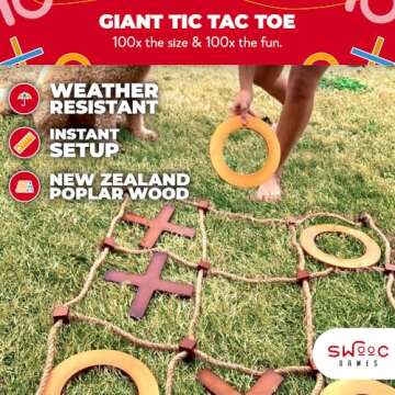 SWOOC Games - Giant Tic Tac Toe Game (All Weather) | 3ft x 3ft | Big Wood X & O Pieces with Rope Gam...