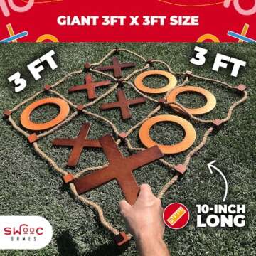SWOOC Games - Giant Tic Tac Toe Game (All Weather) | 3ft x 3ft | Big Wood X & O Pieces with Rope Game Board | Large Outdoor Tic Tac Toss Across Yard Game for The Whole Family | Wooden Tic Tac Toe Game