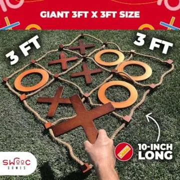 SWOOC Games - Giant Tic Tac Toe Game (All Weather) | 3ft x 3ft | Big Wood X & O Pieces with Rope Game Board | Large Outdoor Tic Tac Toss Across Yard Game for The Whole Family | Wooden Tic Tac Toe Game