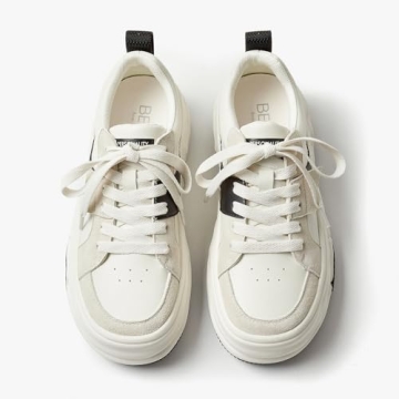 BEAU TODAY Womens Platform Sneakers, Leather Fashion Sneakers for Women Lace Up Comfortable Cute Tennis Shoes Casual Walking Shoes Beige Black US 7.5