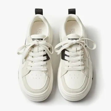 BEAU TODAY Womens Platform Sneakers, Leather Fashion Sneakers for Women Lace Up Comfortable Cute Tennis Shoes Casual Walking Shoes Beige Black US 7.5