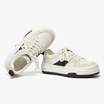 BEAU TODAY Womens Platform Sneakers, Leather Fashion Sneakers for Women Lace Up Comfortable Cute Tennis Shoes Casual Walking Shoes Beige Black US 7.5