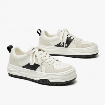 BEAU TODAY Womens Platform Sneakers, Leather Fashion Sneakers for Women Lace Up Comfortable Cute Tennis Shoes Casual Walking Shoes Beige Black US 7.5