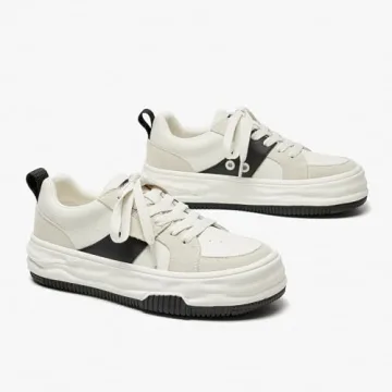 BEAU TODAY Womens Platform Sneakers, Leather Fashion Sneakers for Women Lace Up Comfortable Cute Tennis Shoes Casual Walking Shoes Beige Black US 7.5