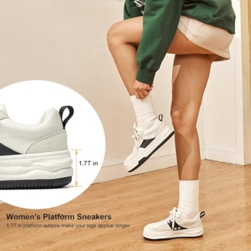 BEAU TODAY Womens Platform Sneakers, Leather Fashion Sneakers for Women Lace Up Comfortable Cute Tennis Shoes Casual Walking Shoes Beige Black US 7.5