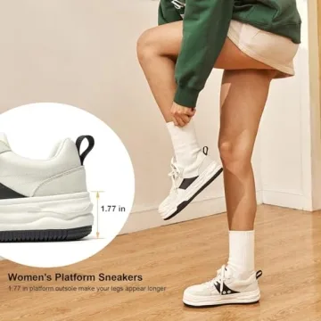 BEAU TODAY Womens Platform Sneakers, Leather Fashion Sneakers for Women Lace Up Comfortable Cute Tennis Shoes Casual Walking Shoes Beige Black US 7.5
