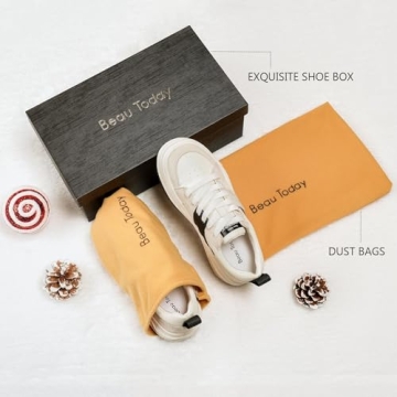 BEAU TODAY Womens Platform Sneakers, Leather Fashion Sneakers for Women Lace Up Comfortable Cute Tennis Shoes Casual Walking Shoes Beige Black US 7.5