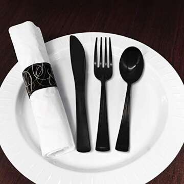 Party Essentials Pre-Rolled Disposable Heavy Duty Plastic Cutlery Kit w/ Black Fork/Knife/Spoon & Wh...