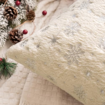 MIULEE Christmas Set of 2 Decorative Throw Pillow Covers, Soft Faux Fur Winter Pillow Covers with Silver Snowflake Glitter Printed Cute Pillowcases for Couch Sofa Bed, 20 X 20 Inch, Beige