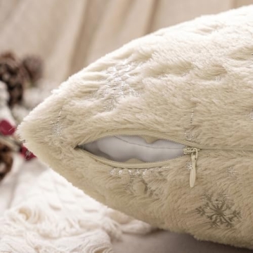 MIULEE Christmas Set of 2 Decorative Throw Pillow Covers, Soft Faux Fur Winter Pillow Covers with Silver Snowflake Glitter Printed Cute Pillowcases for Couch Sofa Bed, 20 X 20 Inch, Beige