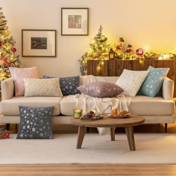 MIULEE Christmas Set of 2 Decorative Throw Pillow Covers, Soft Faux Fur Winter Pillow Covers with Silver Snowflake Glitter Printed Cute Pillowcases for Couch Sofa Bed, 20 X 20 Inch, Beige