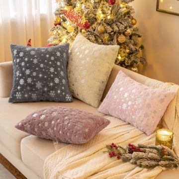 MIULEE Christmas Set of 2 Decorative Throw Pillow Covers, Soft Faux Fur Winter Pillow Covers with Silver Snowflake Glitter Printed Cute Pillowcases for Couch Sofa Bed, 20 X 20 Inch, Beige