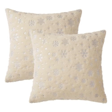 MIULEE Christmas Set of 2 Decorative Throw Pillow Covers, Soft Faux Fur Winter Pillow Covers with Silver Snowflake Glitter Printed Cute Pillowcases for Couch Sofa Bed, 20 X 20 Inch, Beige
