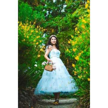 Sevintage Sky Blue Prom Dresses 2023 for Teens Tulle Sleeveless Sweetheart Spaghetti Straps Flower Embroidery A-Line Formal Party Gowns Tea Length US12